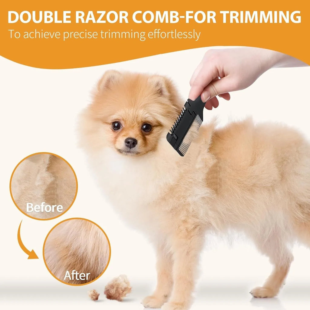 Razor comb for dogs and cats with comb and trimming blade, includes 10 spare stainless steel blades.