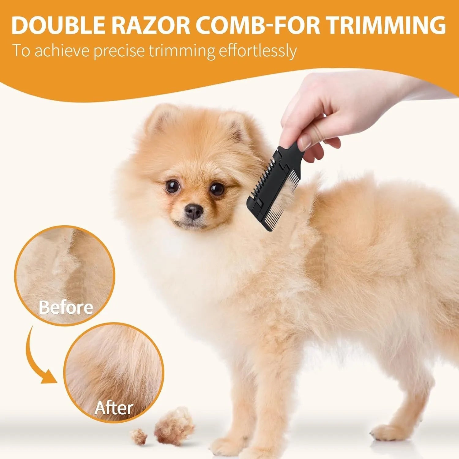 Razor comb for dogs and cats with comb and trimming blade, includes 10 spare stainless steel blades.