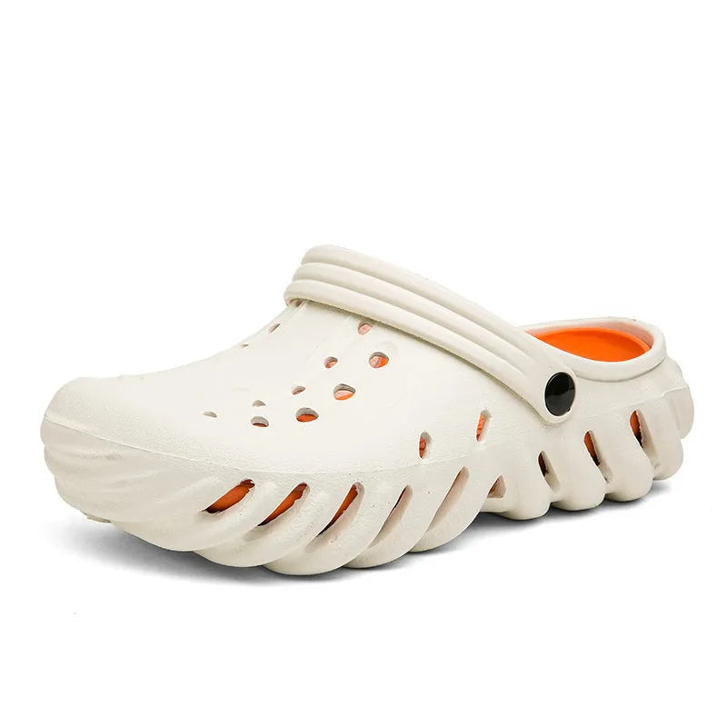 Men's beige EVA outdoor slippers with hollow-out design and non-slip sole
