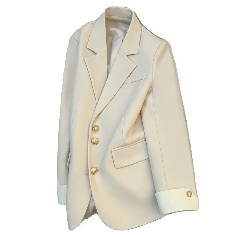 Korean-style women's mid-length coat in milky white with loose fit and pockets