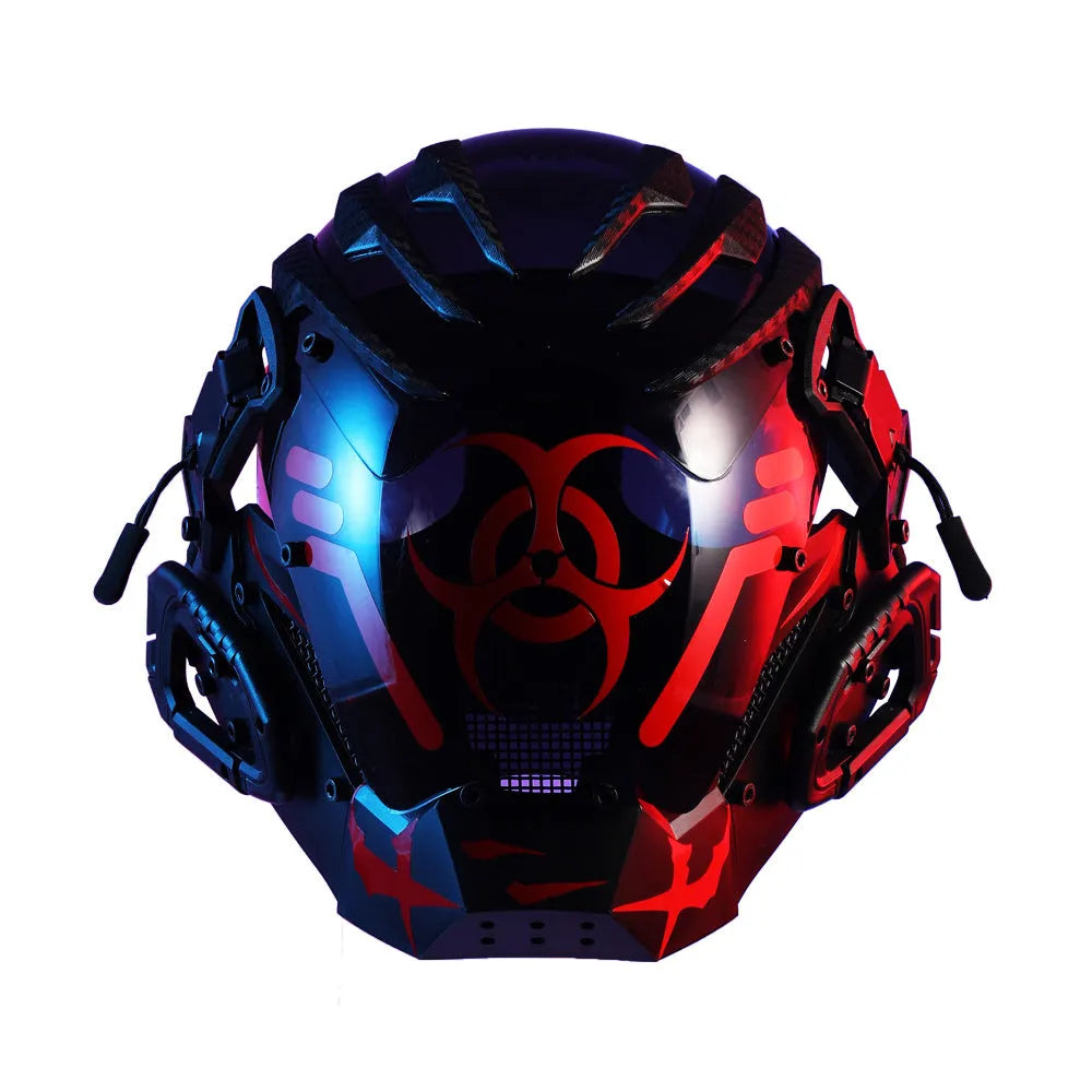 Black cyborg-style full face prop mask helmet with bioweapon design on a white background.