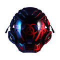 Black cyborg-style full face prop mask helmet with bioweapon design on a white background.