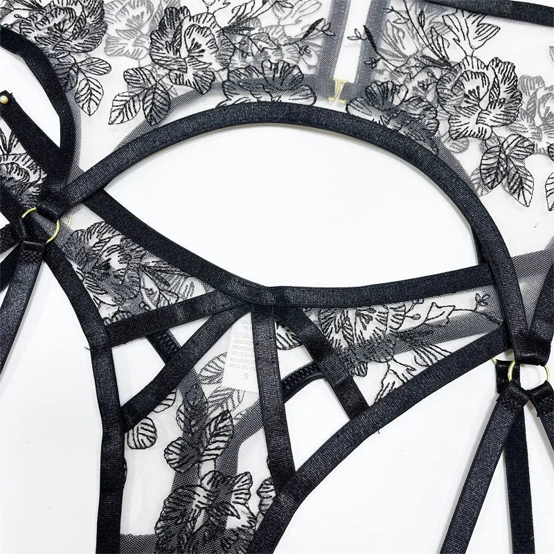 Black women's lace mesh three-piece set with floral print, showing top, pants, and waist ring.