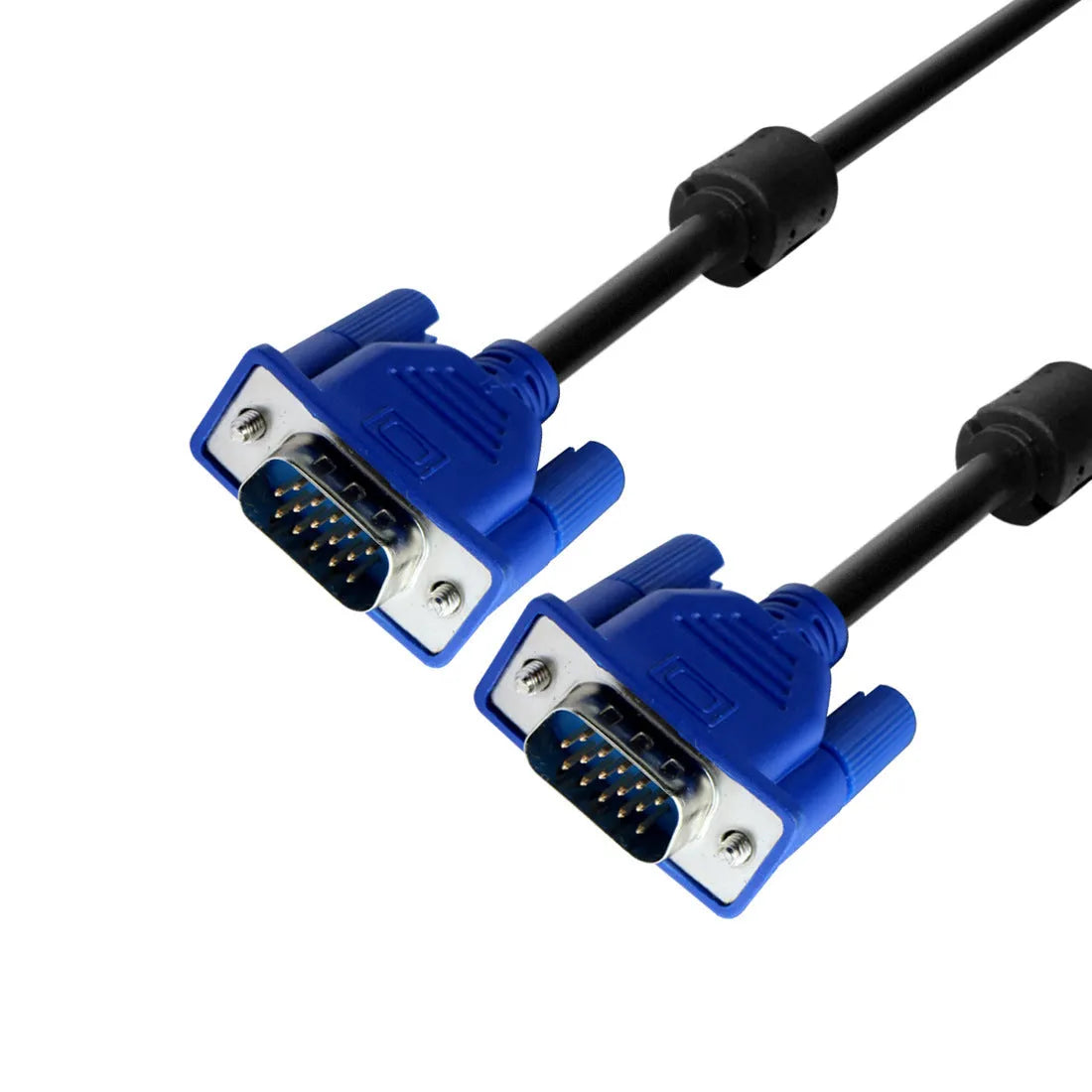 Black VGA cable with blue moulded connectors and nickel-plated terminals for computer monitor connections