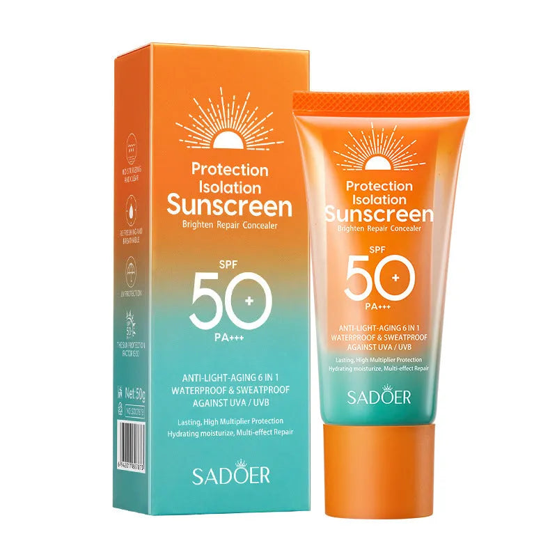 SPF 50+ PA+++ sunscreen cream in 50g tube serving as both sun protection and makeup primer