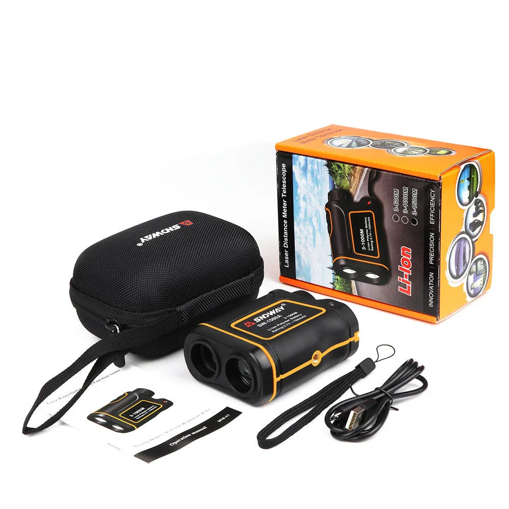 Handheld golf and outdoor laser rangefinder showing compact design on palm