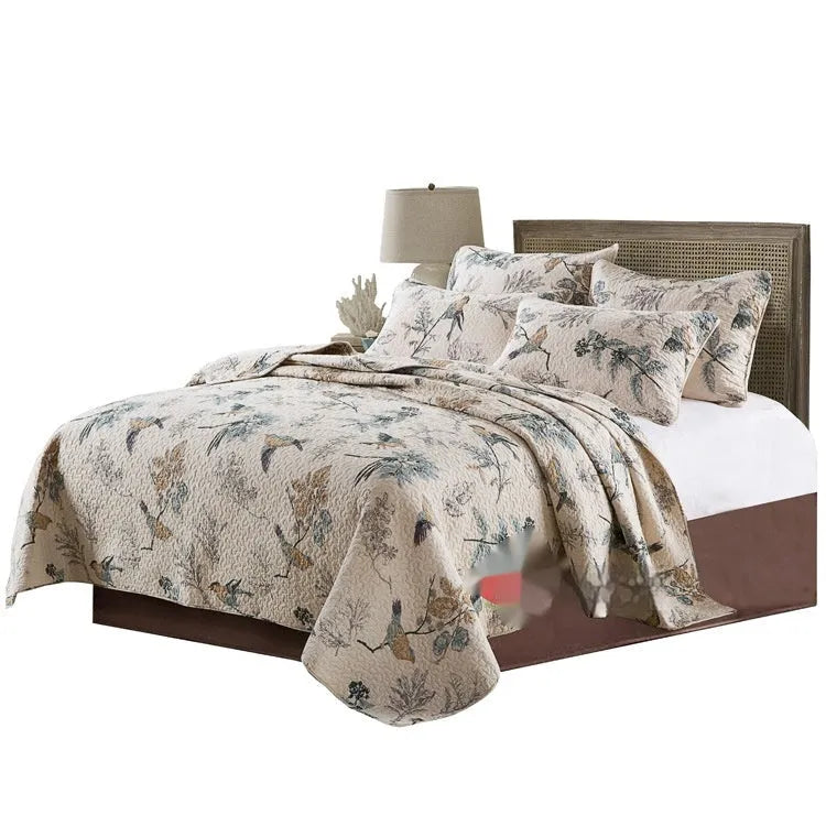 Quilted pure cotton bed cover set with reactive printed pattern includes bed cover and two pillowcases