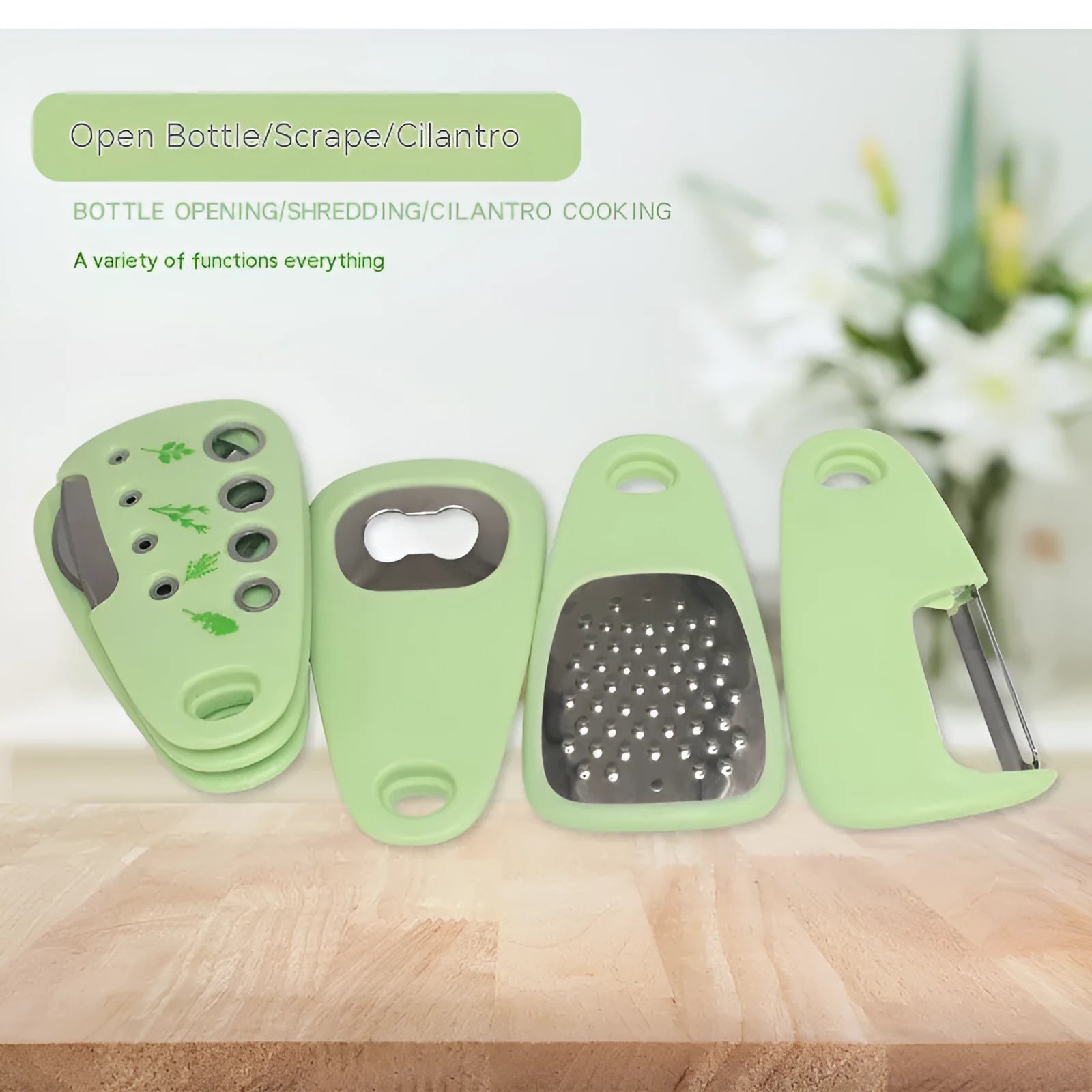 Six-piece kitchen gadget set with slicing knife, peeler, garlic masher, and bottle opener in colour box packaging