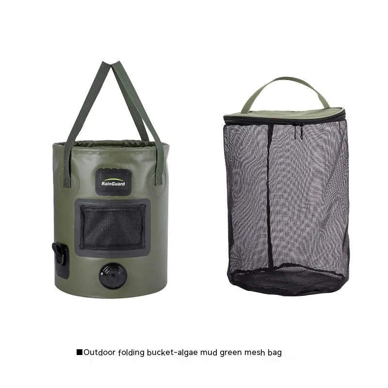 Portable folding fishing bucket in lemon yellow with optional mesh pocket showing 25 litre capacity