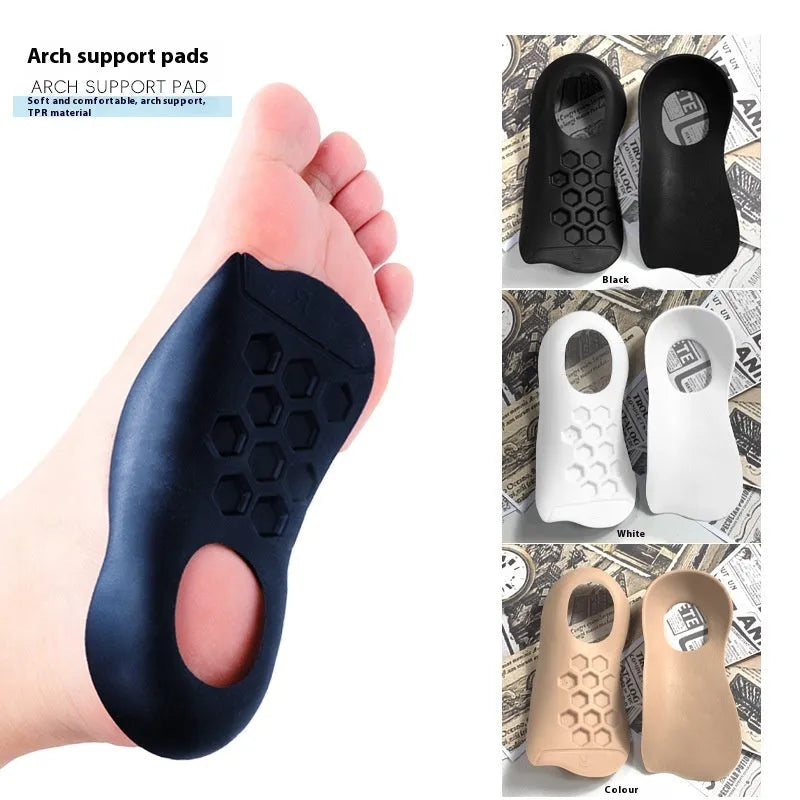 Pair of white TPR arch support insoles for varus correction, showing raised medial arch design.