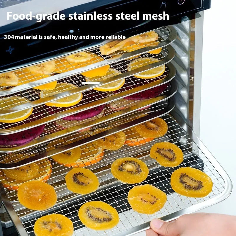 Stainless steel fruit dehydrator appliance with visual skylight top and multiple drying trays.