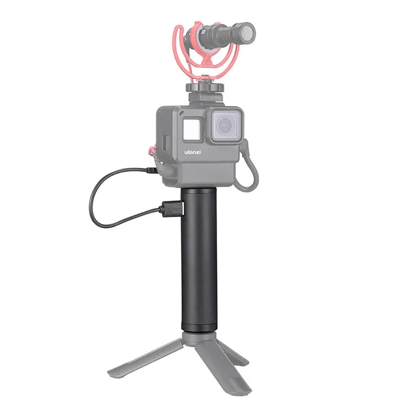 Black aluminium alloy portable power bank with a carry handle and strap, showing compact size