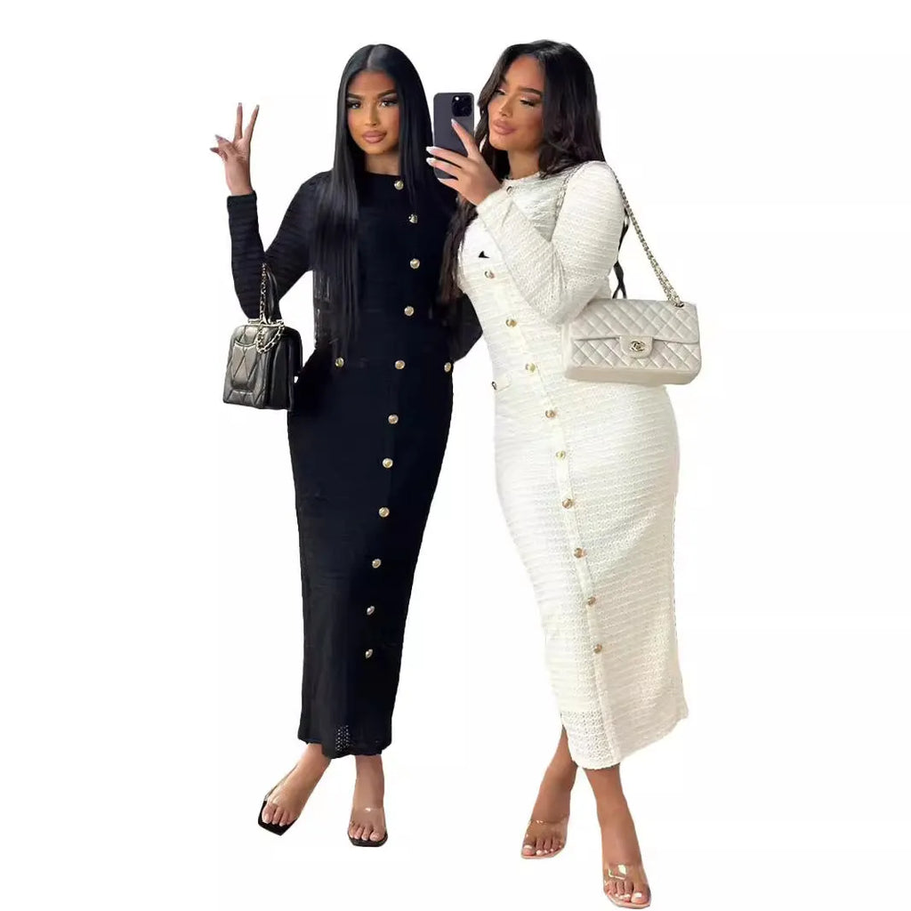 French retro slim fit knitted dress with button front and long sleeves in black or white