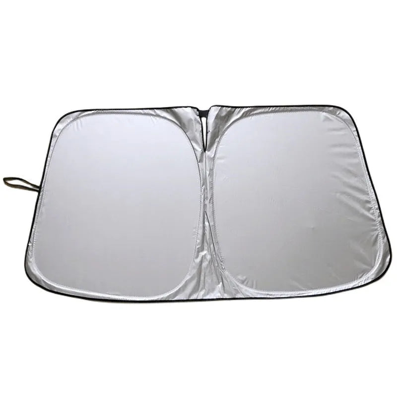 Titanium silver aluminium foil car sunshade unfolded, showing reflective surface.