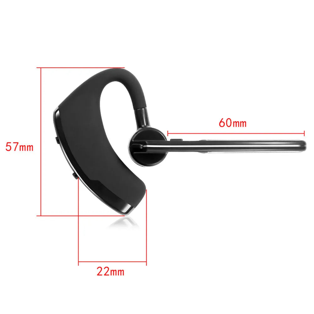 V9 Bluetooth wireless headset with ear-bud and charging cable on a grey background.