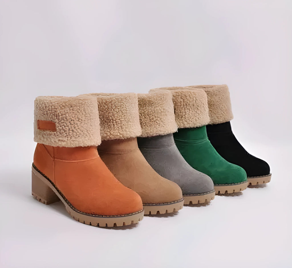 Women's suede mid-tube snow boots with thick platform sole in khaki colour