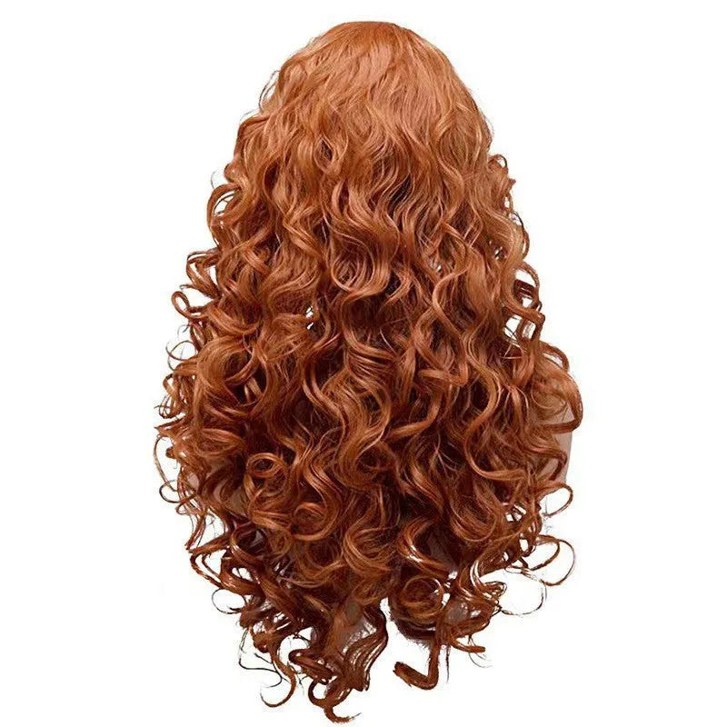 Brown long curly wig with instant noodles texture for Halloween cosplay on wig head