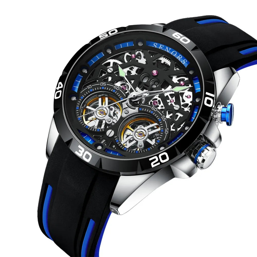 Automatic mechanical men's watch with luminous hollow dial in business style, showing red and blue colour options