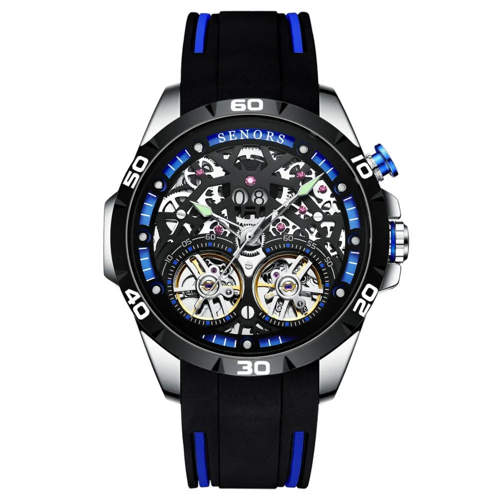 Automatic mechanical men's watch with luminous hollow dial in business style, showing red and blue colour options