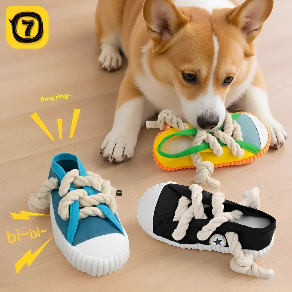 Bendable plastic dog chew toy with squeaker in yellow, black or blue colour options