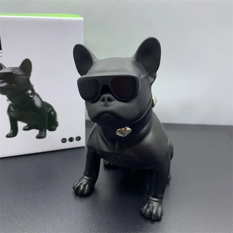 Mini bulldog-shaped Bluetooth speaker in black colour showing detailed sculpture design and compact size