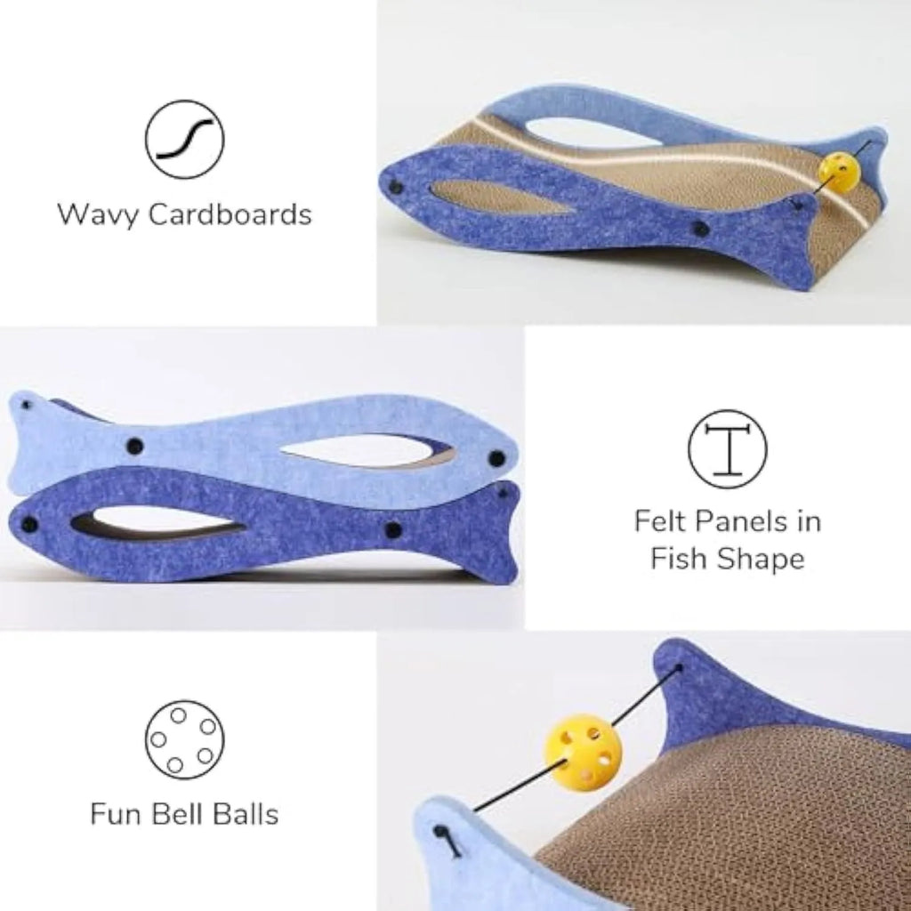 Blue fish-shaped cardboard cat scratcher lounge with wavy design and hanging bell ball toys