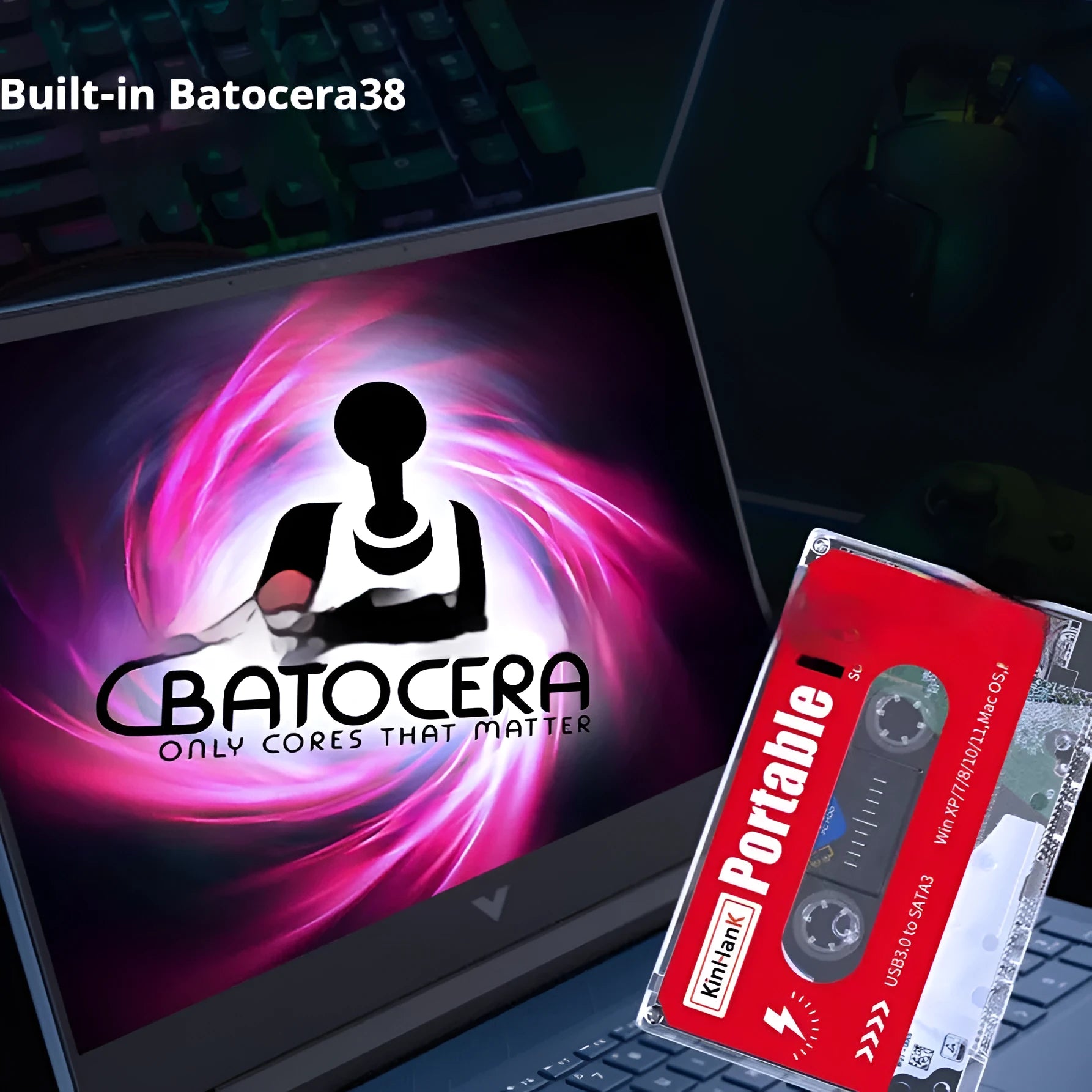 External mechanical hard disk for mobile gaming with USB cable and carrying case.