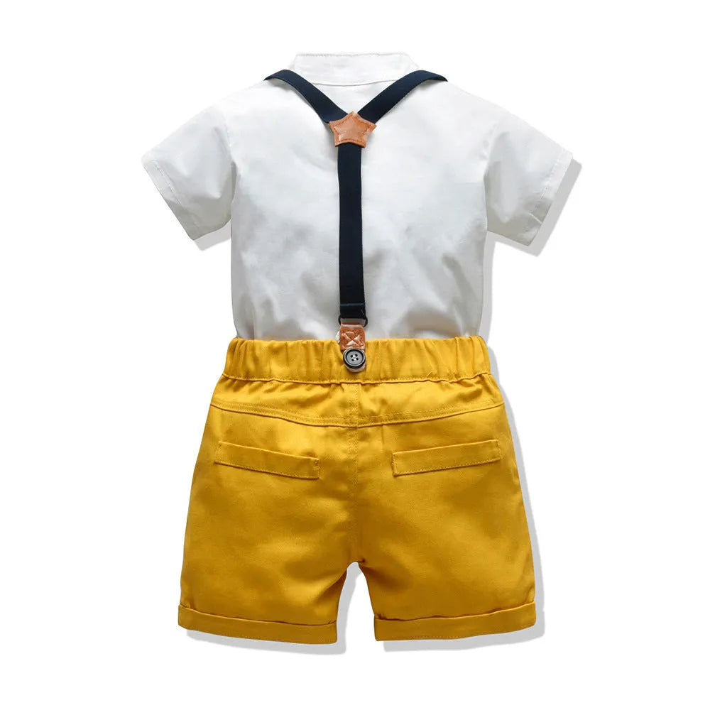 Boy's cotton trouser suit set with jacket and trousers in blue, showing front view