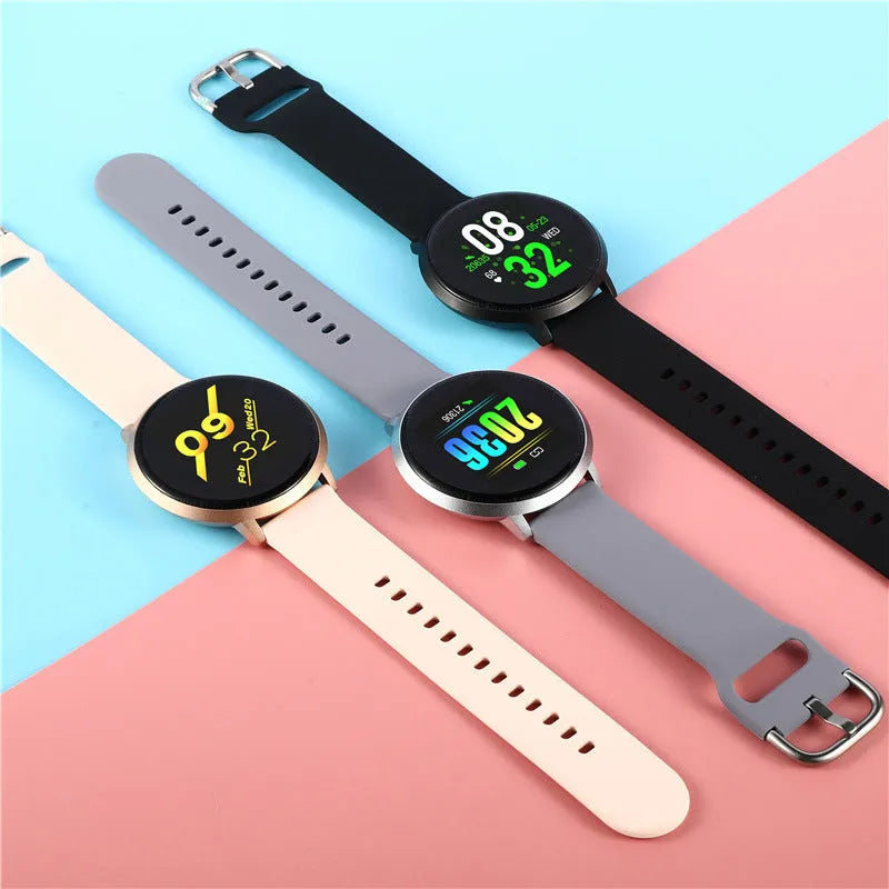 Ultra-thin black smart health bracelet with a 1.3-inch screen and silicone wrist strap on a wrist.