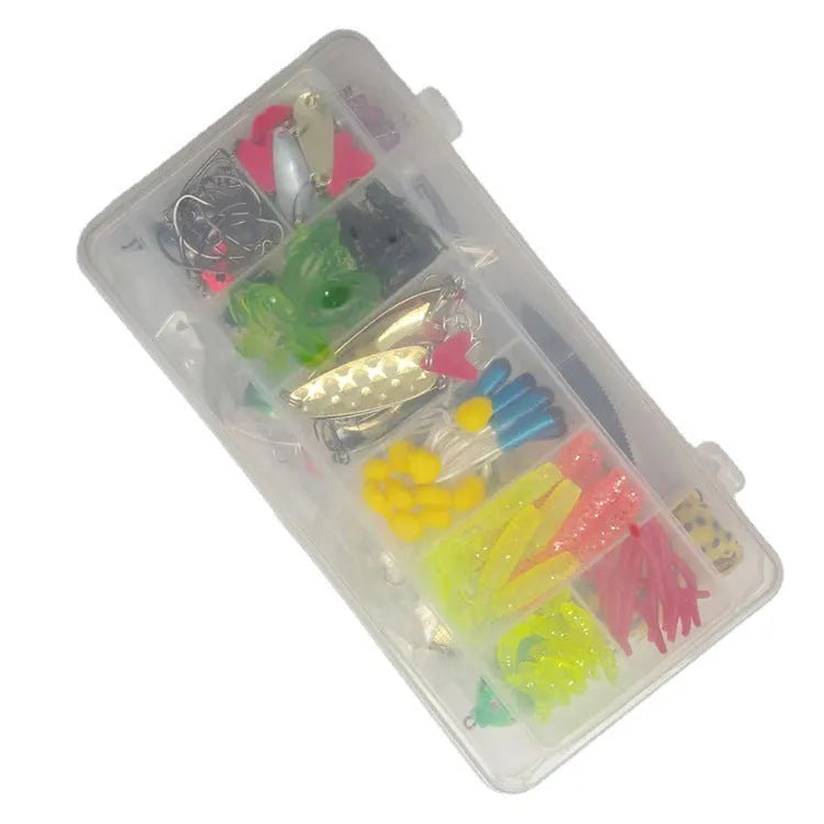 142-piece fishing lure set showing metal and plastic baits with sequins alongside fishing pliers