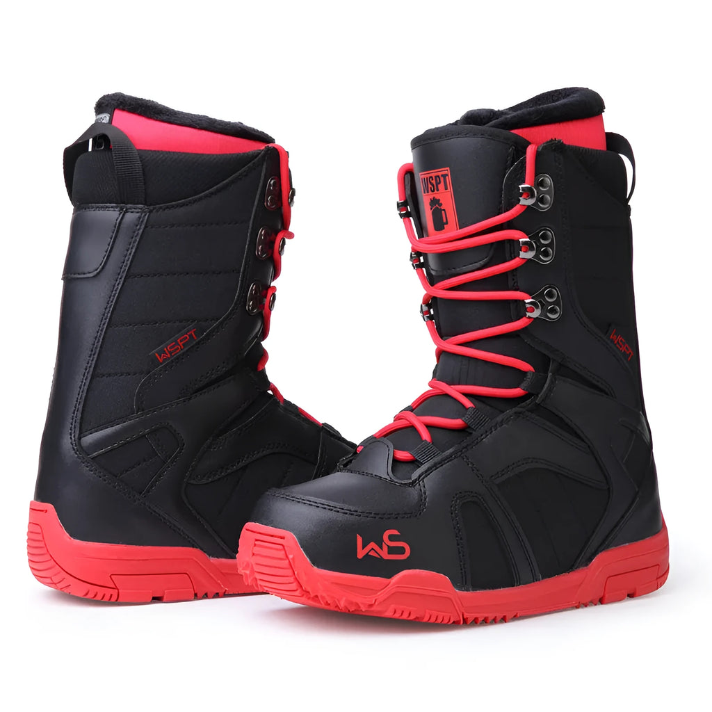 Men's black ski boots with tie laces, rubber outsole, and EVA midsole on a white background