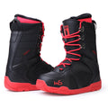 Men's black ski boots with tie laces, rubber outsole, and EVA midsole on a white background