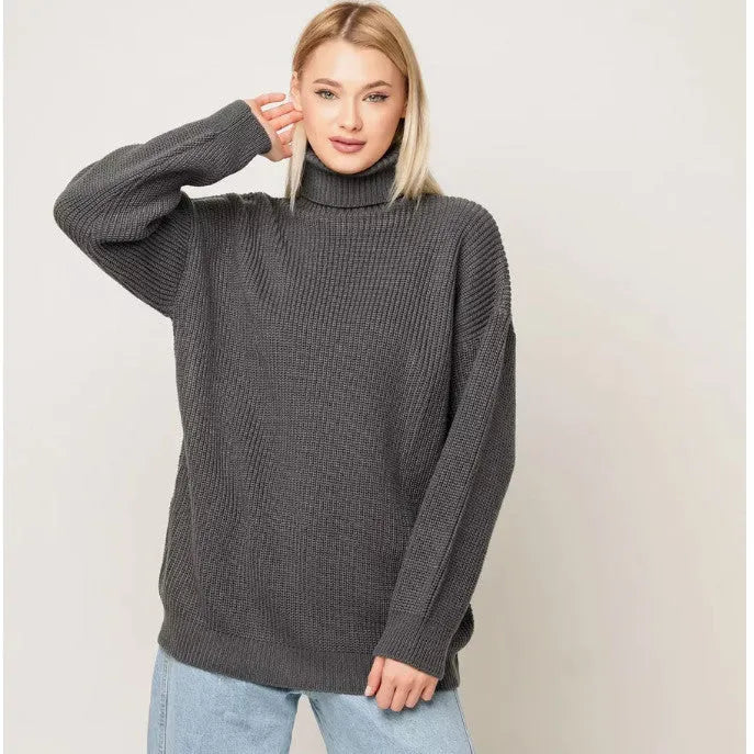 Women's loose fit high neck pullover sweater in imitation cashmere, shown in solid colour options.