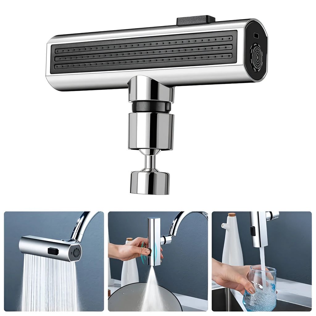 Kitchen faucet nozzle in black with waterfall bubbler mode and rotating head for universal fit