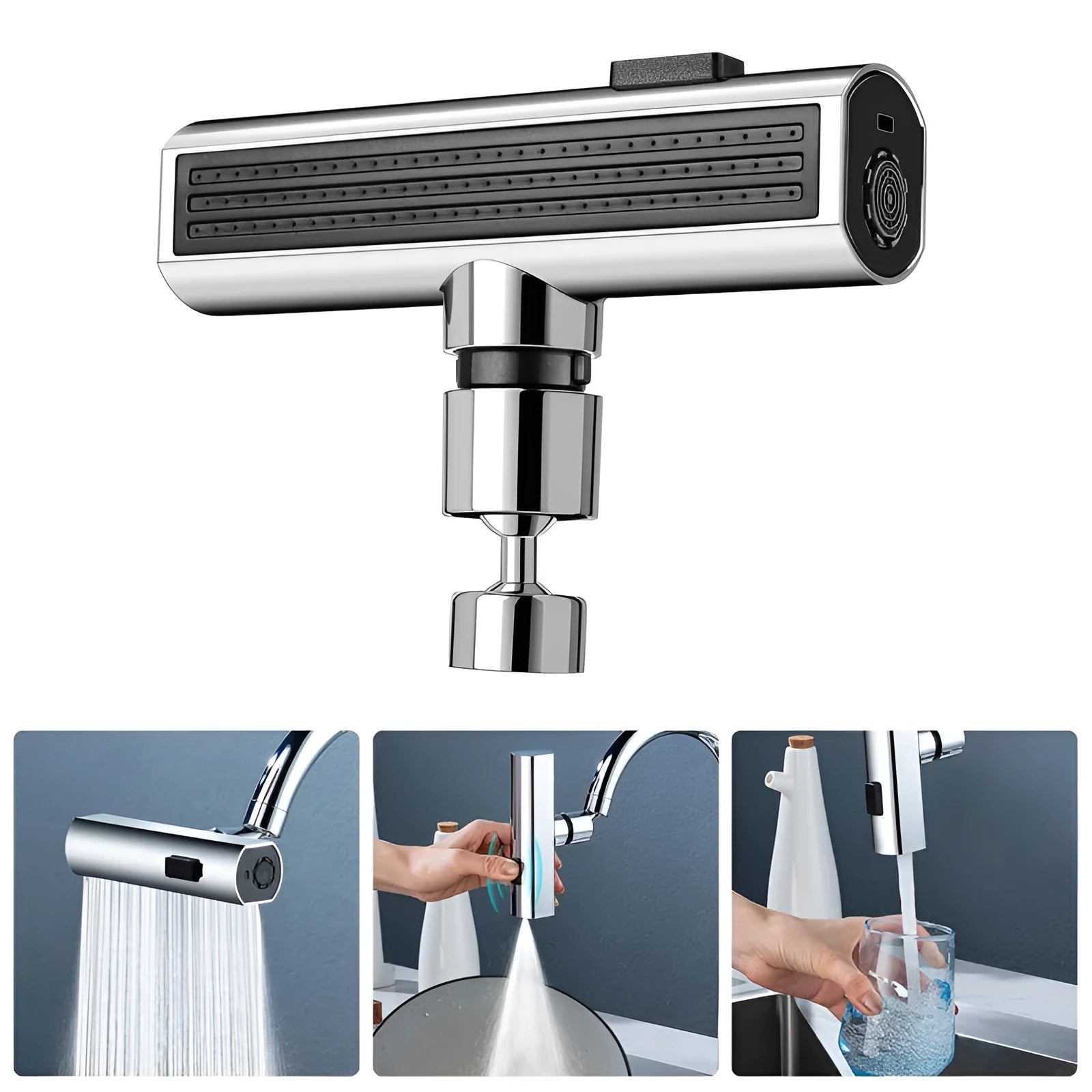 Kitchen faucet nozzle in black with waterfall bubbler mode and rotating head for universal fit