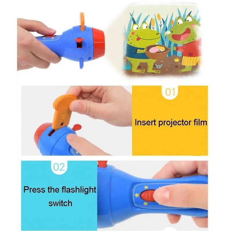 SmartKids children's story projector torch with rotating fairy tale discs projecting images on wall