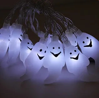 Halloween LED string lights with pumpkin, ghost, bat and spider pendants on a 1.2 metre battery-powered string