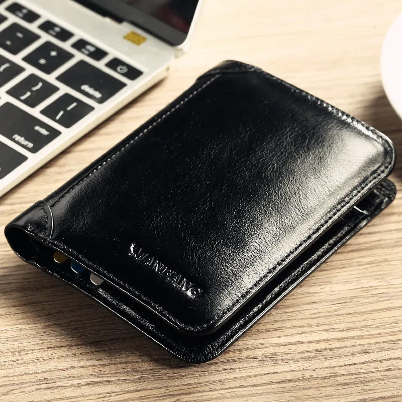 Men's leather wallet in black or brown with banknote folder, card slots, coin pocket, and photo window
