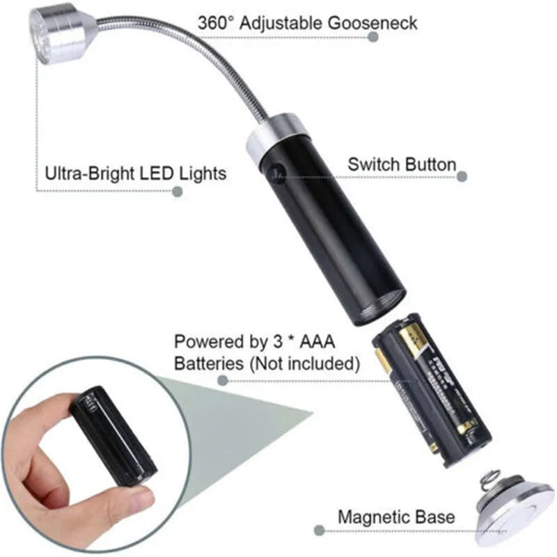 Black magnetic LED barbecue grill light with 9 LEDs and 360-degree rotating head on a metal surface