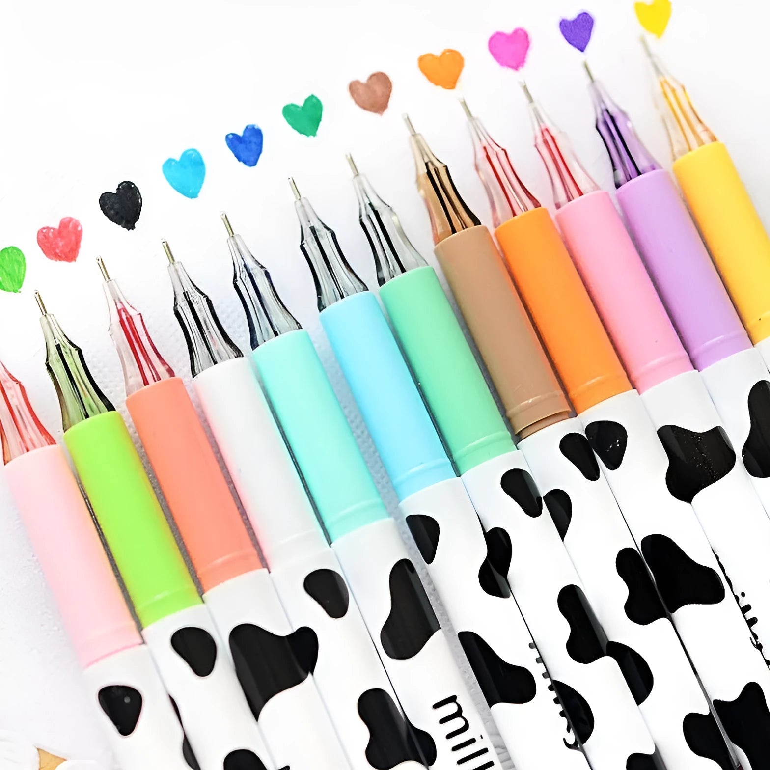 Cow print design gel pens with 0.38mm fine tips in 12 assorted ink colours