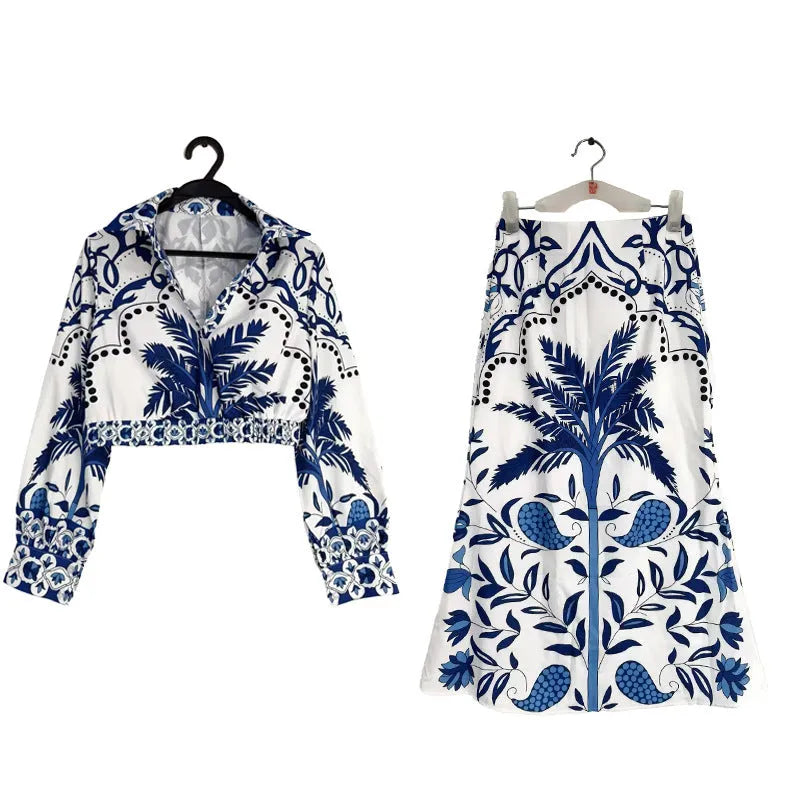 Women's casual polyester two-piece set with long sleeve top and matching long skirt in picture colour