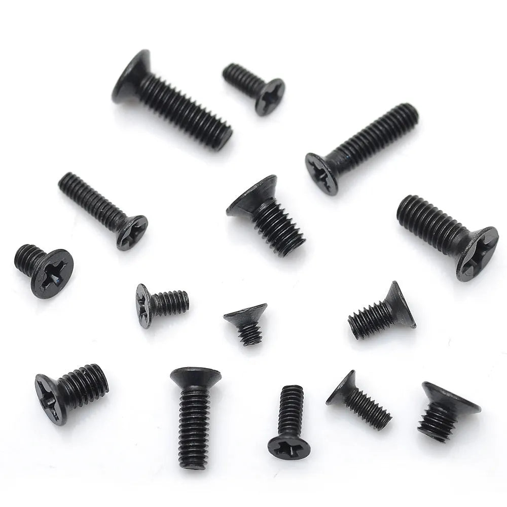 Black flat head machine screws for laptop repair with cross groove and countersunk head