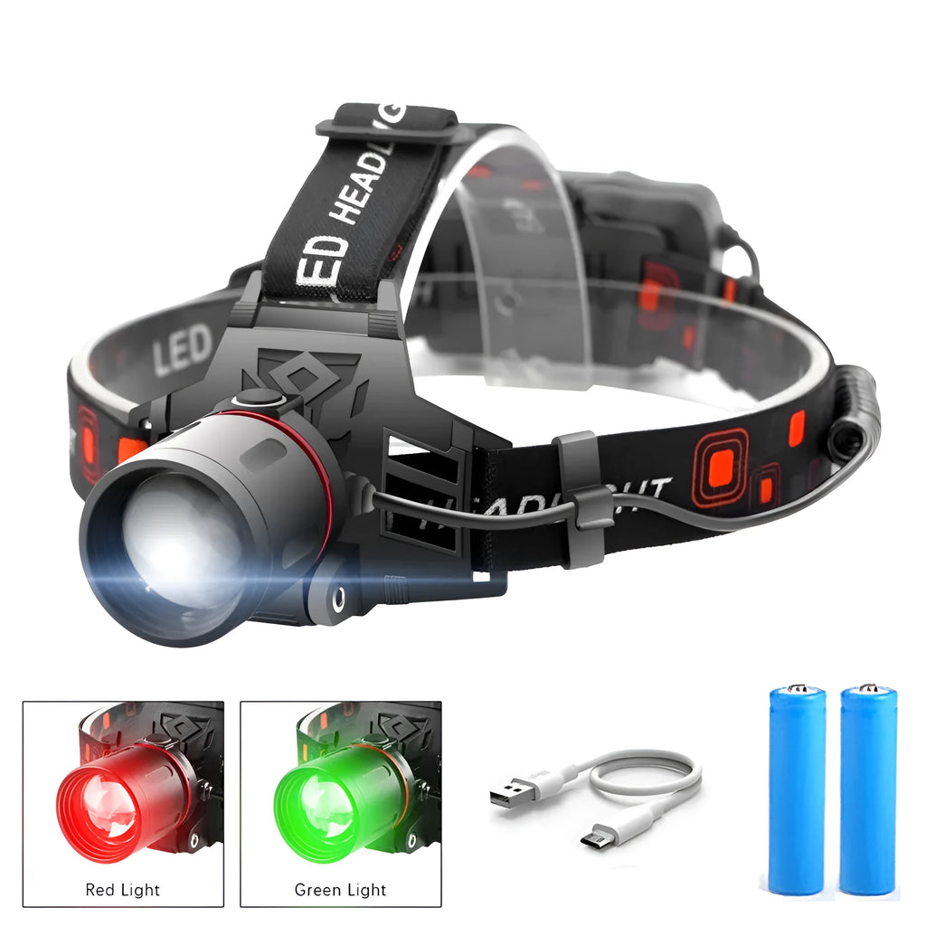 T6 LED headlamp with zoomable lens showing white, green and red light modes on headband