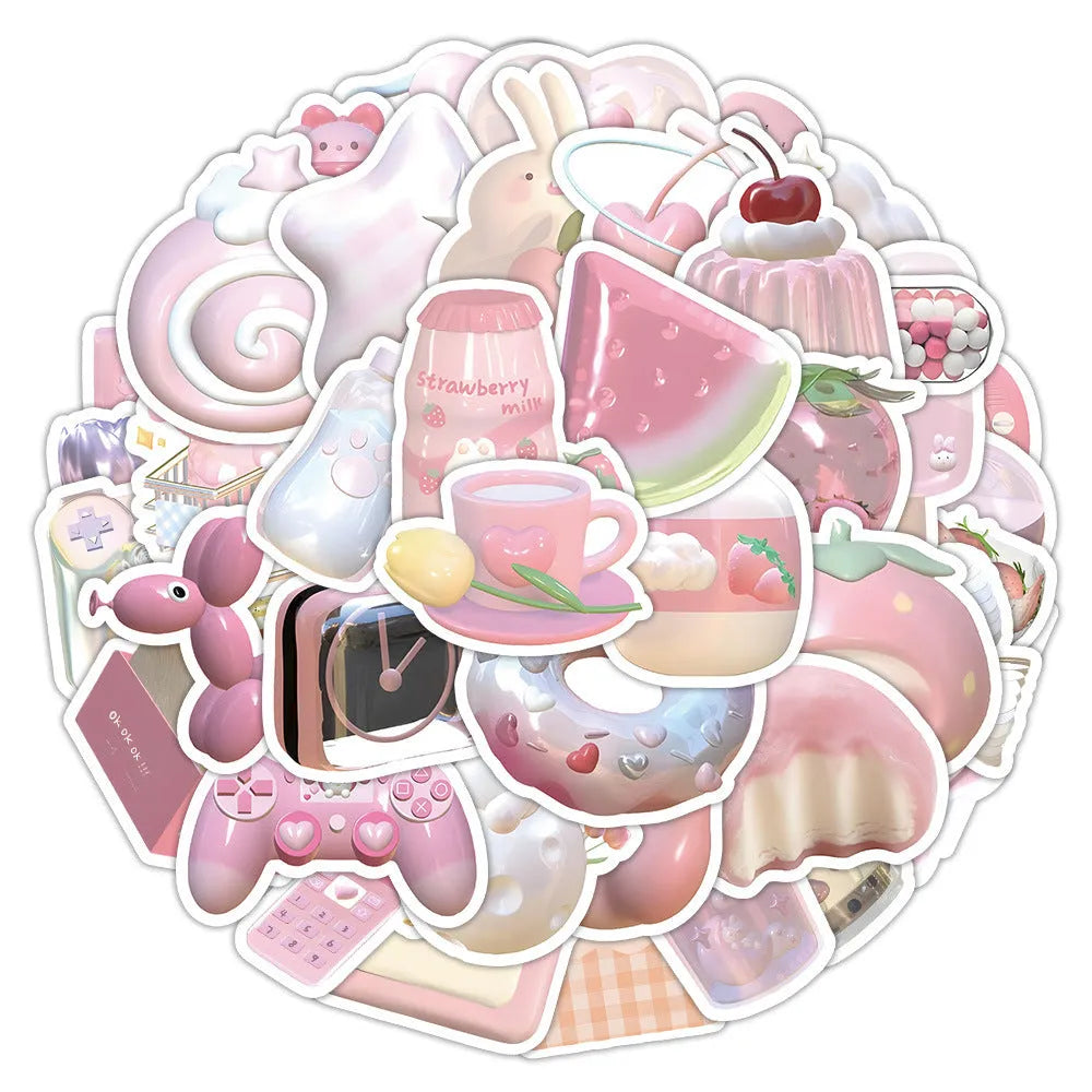 Pink girl heart 3D decorative stickers pack with 63 pieces for crafts and stationery