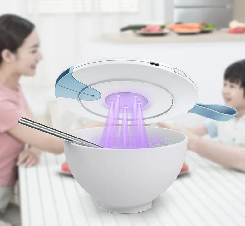 Blue USB-powered baby bottle steriliser showing slim 11.8mm profile with gravity-sensing technology