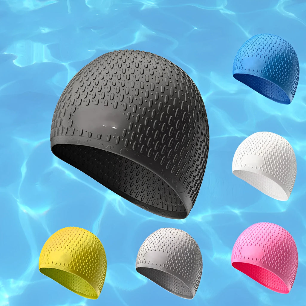 A solid colour silicone swimming cap for adults, shown in one of nine available colour options.