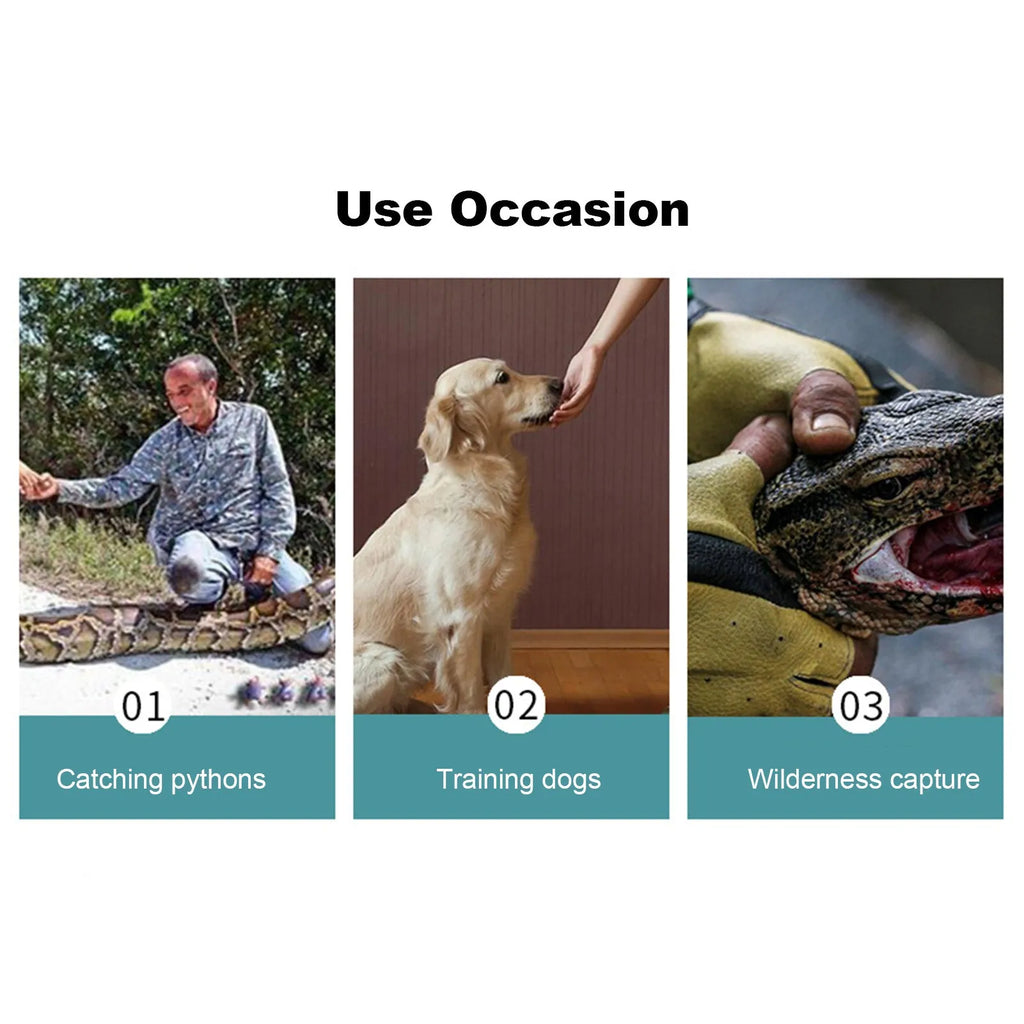 Dark green leather pet handling gloves with extended sleeves for animal bite protection
