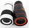 12X magnification phone telescope lens with mounting clip and cleaning cloth on a table.