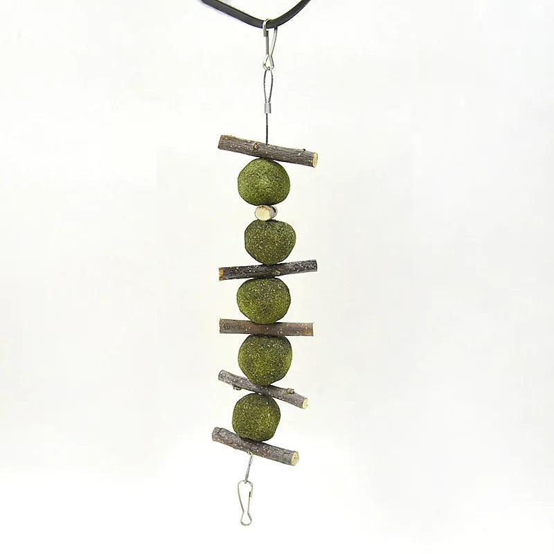 Set of five grass balls and six apple branch pet molar chew toys on a string, hanging against a plain background