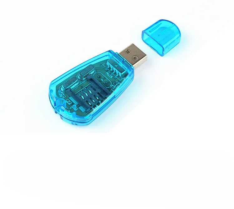 Blue external USB SIM card reader for mobile phone data backup and management.